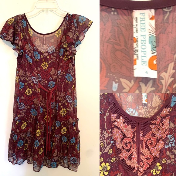 Free People Sheer Tunic Dress Floral 4 Small Flutter sleeve Festival Feminine - Picture 2 of 9
